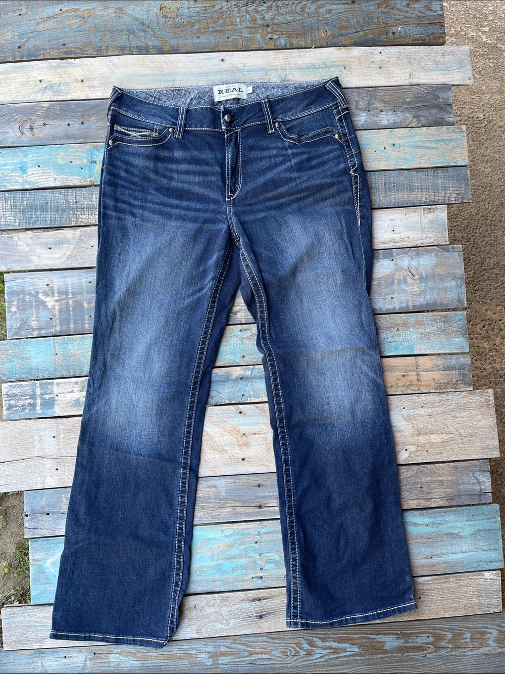 Ariat R.E.A.L Denim Women's 33R Ocean Midrise Whipstitch Dark Blue Bootcut Jeans